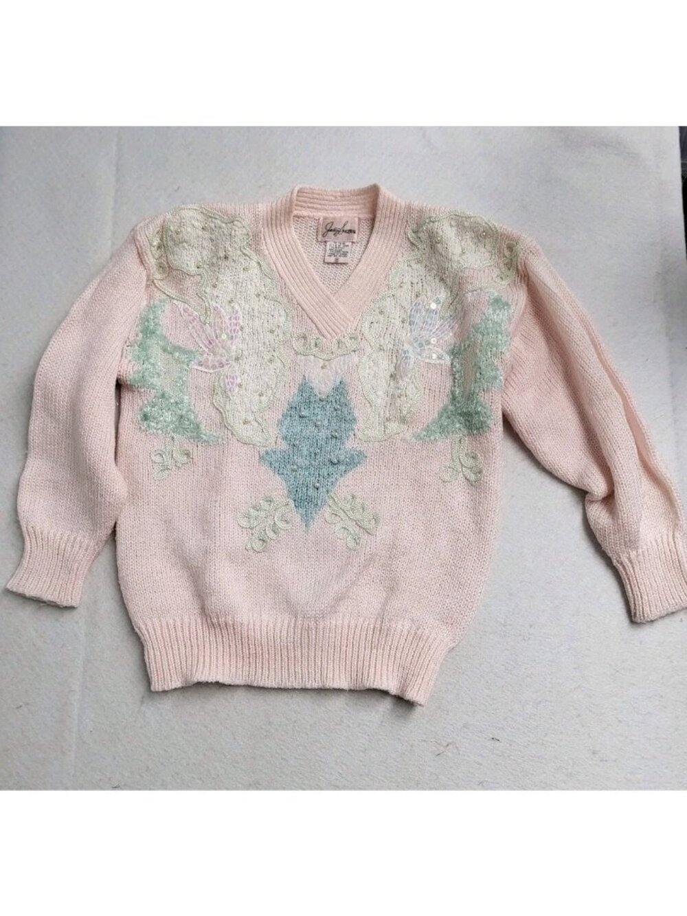 Vintage 80's Kawaii Sweater SZ S Sequin Pale pink Grandmacore Textured Hipster